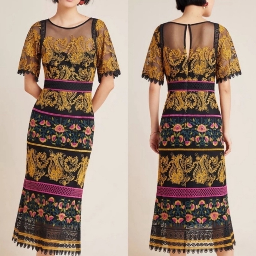 Anthropologie Jacquin Embroidered Midi Dress